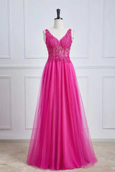Fuchsia A-line Long Prom Dress Magenta Plunging V Neck Floral - MyChicDress