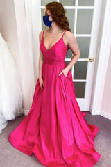Fuchsia Long Prom Dresses V Neck Sleeveless Evening Gown UK Spaghetti Straps