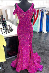 20224 Fuchsia Sequin Formal Dresses Cold-Shoulder Mermaid Prom Dress Long