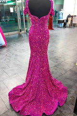 20224 Fuchsia Sequin Formal Dresses Cold-Shoulder Mermaid Prom Dress Long