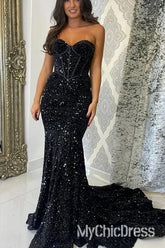 Fully Glitter Sequins Prom Dress Sweetheart Strapless Formal Gowns