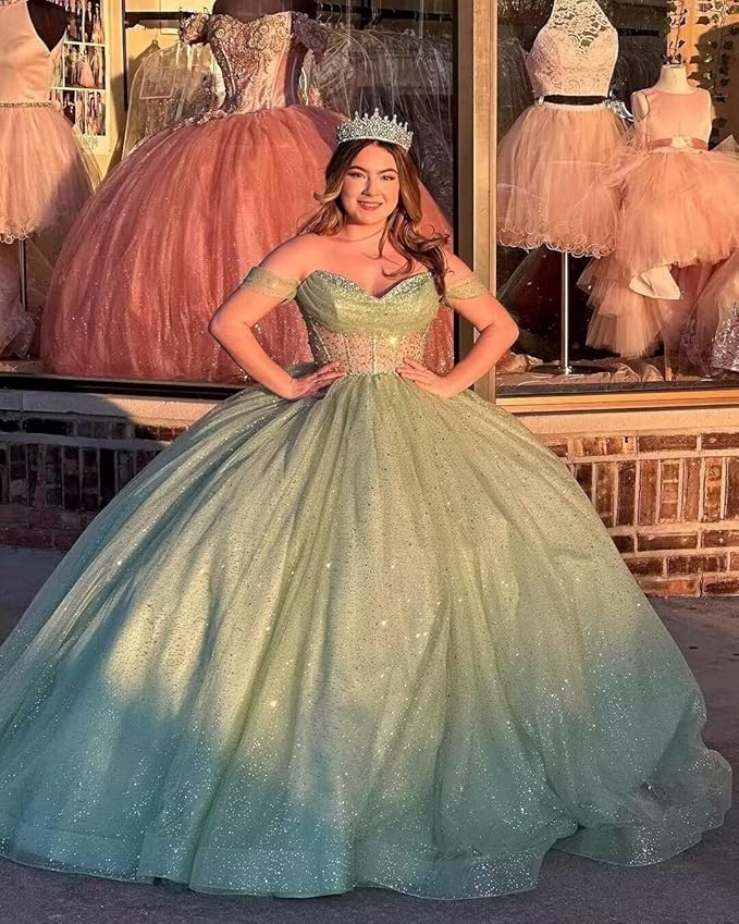 Off the shoulder Glitter Sage Green Quince Dresses Beaded with Bow Sage Green / US22W Off the shoulder Glitter Sage Green Quince Dresses Beaded with Bow Sage Green / US22W