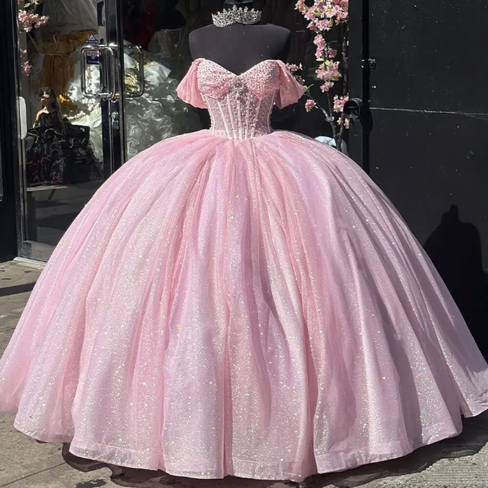 Glitter Pearls Pink Quinceanera Dresses Ball Gowns Sweet 15 16