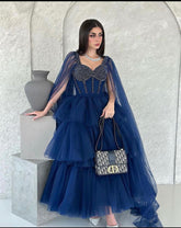 Gorgeous Tiered Ruffle Blue Prom Dresses Long Beaded Tulle Formal Wear MyChicDress
