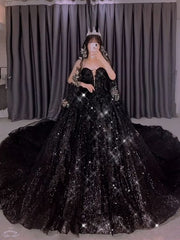 Gothic Black Sequin Wedding Dresses 2024 Sweetheart Ball Gowns