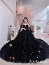 Gothic Black Sequin Wedding Dresses 2025 Sweetheart Ball Gowns - MyChicDress