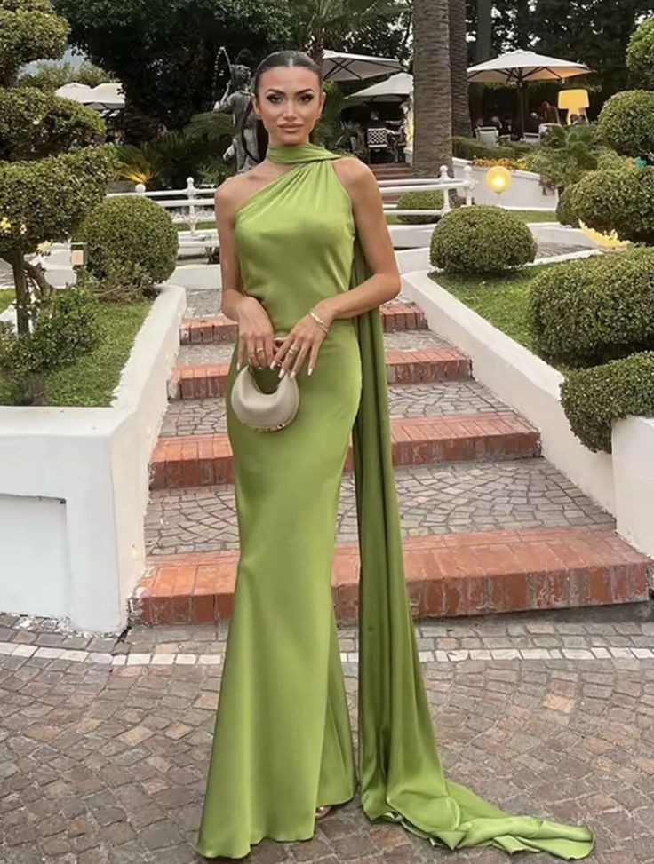 Green Satin Black Tie Wedding Guest Dress Halter Maxi Dress Green / Custom Size Green Satin Black Tie Wedding Guest Dress Halter Maxi Dress Green / Custom Size