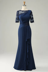 Half Sleeves Navy Blue Mother of the Bride Dress Appliques Ruffle
