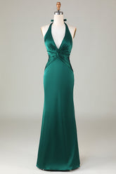 Halter Emerald Green Wedding Guest Dresses Ruched Mermaid Formal Dress - MyChicDress