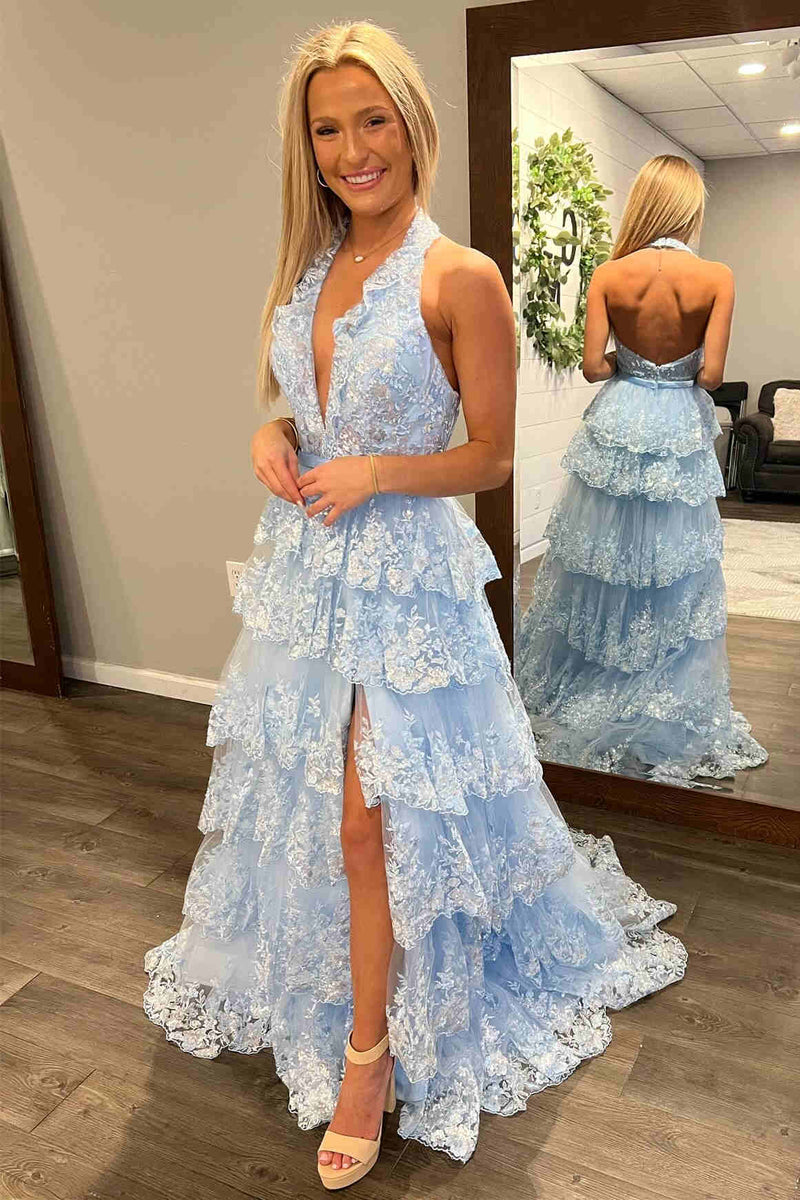 Halter Light Blue Long Prom Dresses Tiered Ruffle Appliques Formal Dre