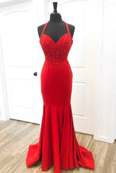 Halter Red Mermaid Long Prom Dresses Lace Appliques - MyChicDress