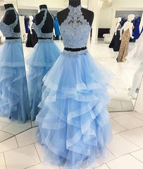 Halter Two Pieces Prom Dress Blue Tulle Lace Long Formal Dress