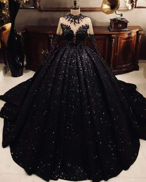 High Neck Ball Gown Black Sequin Wedding Dresses Long Sleeves