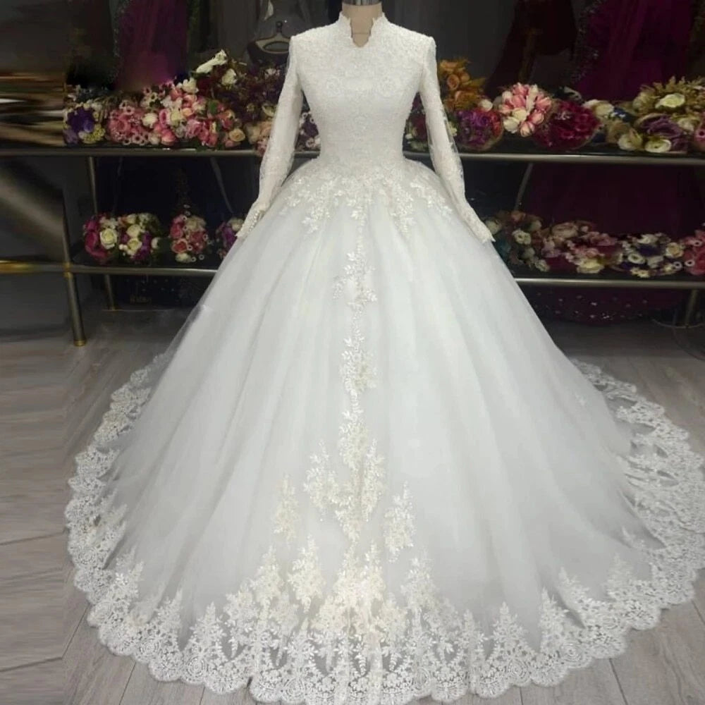 islamic wedding dresses for women High Neck Lace Long Sleeves Muslim Wedding Dresses for Women Vestido de Noiva US8 / White