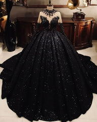 High Neck Ball Gown Black Sequin Wedding Dresses Long Sleeves Sweet 16 Dress