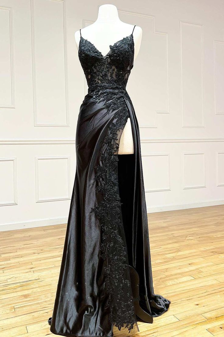V Neck High Slit Black Lace Prom Dresses, Long Black Lace Formal Evening Dresses, US 12 / Black as Pics / No Rush V Neck High Slit Black Lace Prom Dresses, Long Black Lace Formal Evening Dresses, US 12 / Black as Pics / No Rush