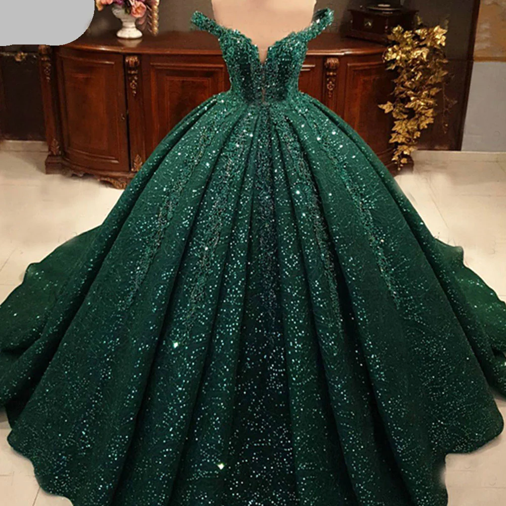 Hot Appliques Ball Gown 2025 Dark Green Wedding Dress Sequin Quinceanera Dress Dark Green / US4 Hot Appliques Ball Gown 2025 Dark Green Wedding Dress Sequin Quinceanera Dress Dark Green / US4