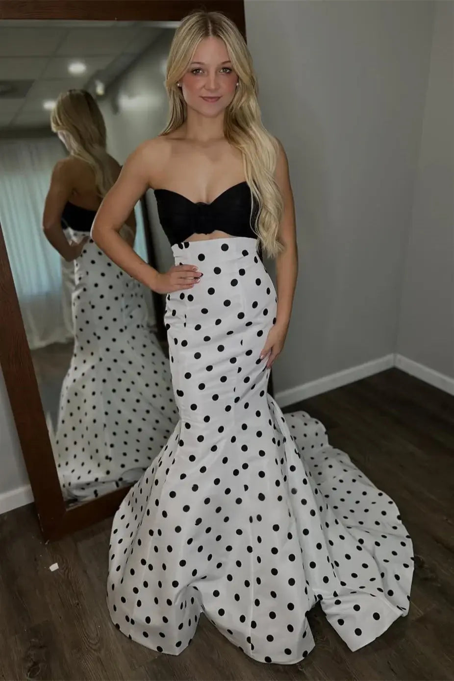 Hot Polka Dot Prom Dress Mermaid Strapless Long Formal Gown Black White / US18W