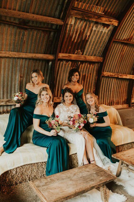 Hot Satin Off the Shoulder Emerald Green Bridesmaid Dresses Online