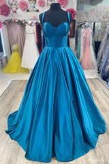 Hot Blue Satin Long Formal Gown Sweetheart Cheap 2024 Prom Dress A Line