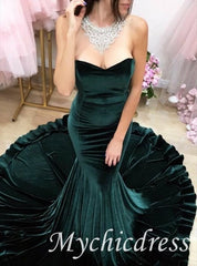 Hot Emerald Green Velvet Prom Dresses Straples Mermaid Evening Dress UK