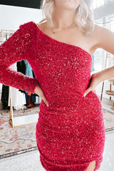 Hot Pink Homecoming Dress Sequin One Shoulder Hoco Dress with Sleeves