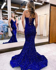 2024 Royal Blue Sequin Prom Dresses V-Neck Tight Long Formal Wedding Guest Dress