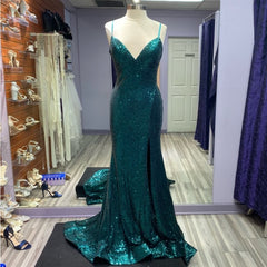 Hot Sequin Emerald Green Prom Dresses Backless Long Evening Dress