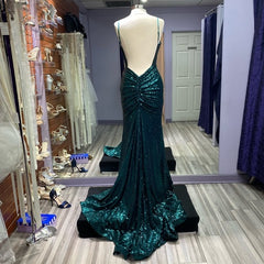 Hot Sequin Emerald Green Prom Dresses Backless Long Evening Dress
