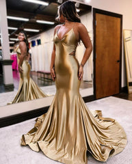 Hot Simple Gold Prom Dresses 2024 Satin Mermaid Formal Dress