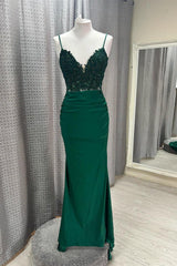 Hot V Neck Dark Green Prom Dresses Mermaid Straps Appliques