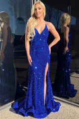 Hot V Neck Royal Blue Prom Dresses Sequin Mermaid
