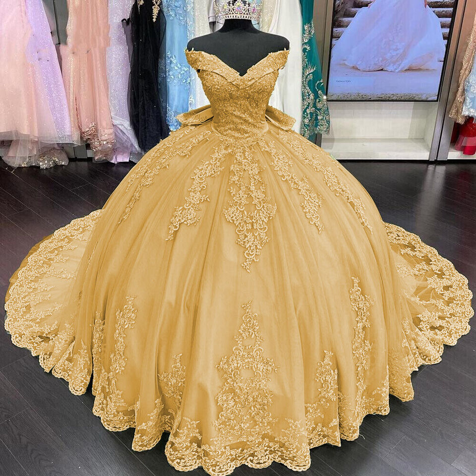 Lace Off Shoulder Gold Quinceanera Dresses Applique With Bow Gold / US0 Lace Off Shoulder Gold Quinceanera Dresses Applique With Bow Gold / US0
