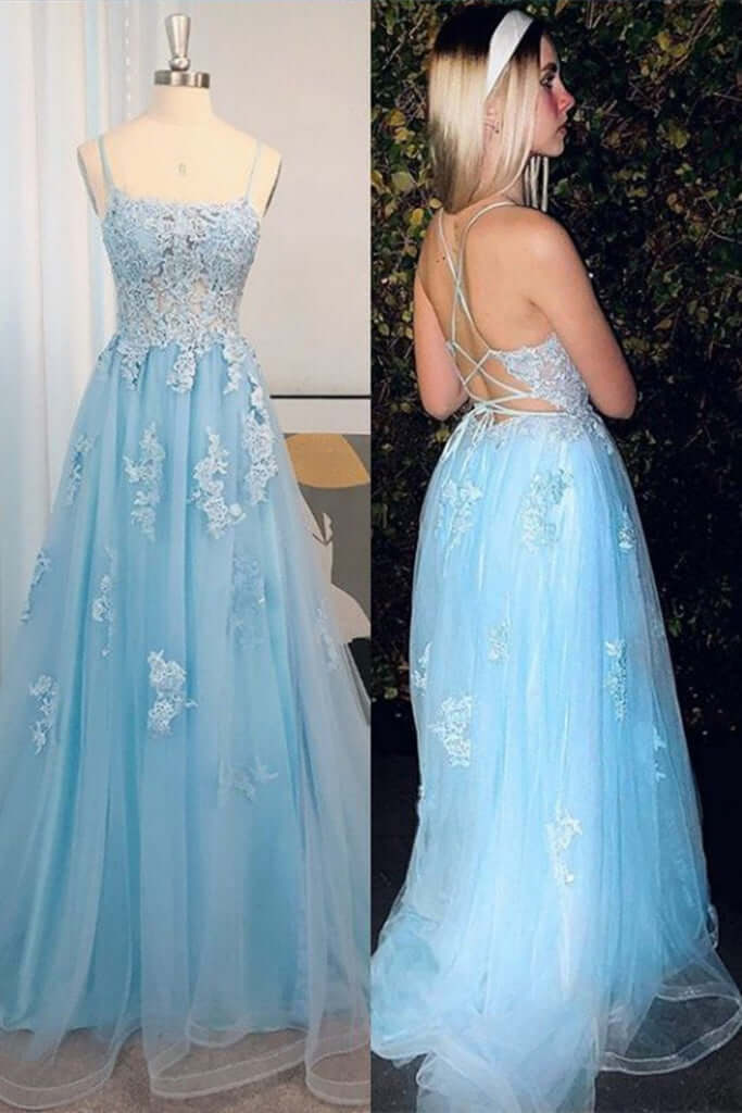 Cheap Lace Long Light Blue Prom Dresses A Line Open Back – MyChicDress