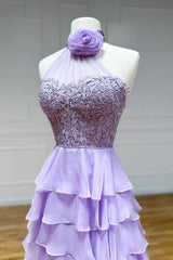 Lavender Long Tiered Violet Prom Dress Ruffle High Neck with 3D Flower