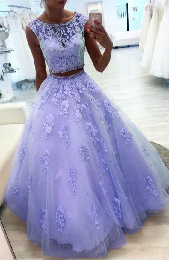 lavender two piece prom dress Two Piece Satin Appliques Prom Dress With Pockets