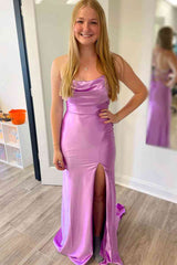 Lilac Long Evening Dress Sleeveless Cowl Neck Satin Prom Dress