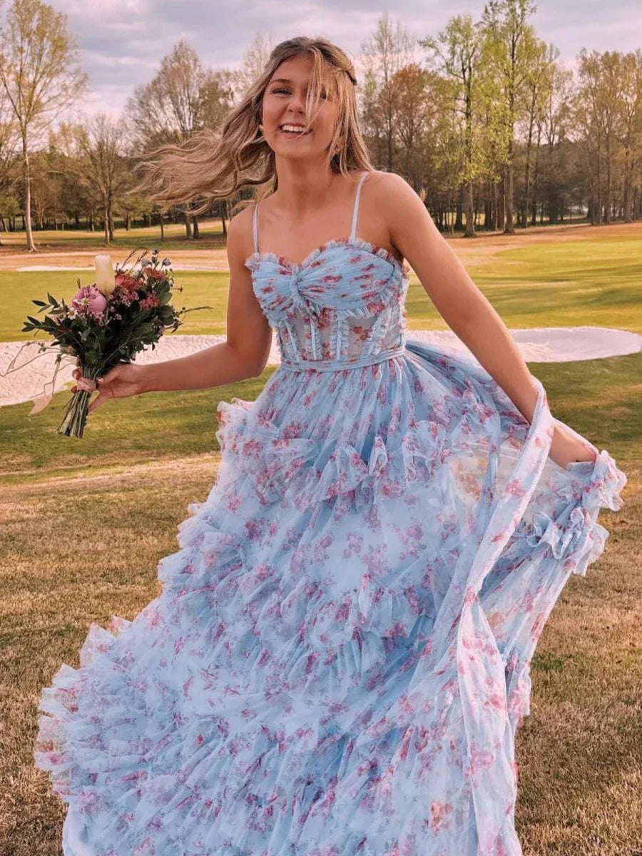 Long A-Line Floral Ruffles Blue Prom Dresses 2026 Corset Tulle – MyChicDress