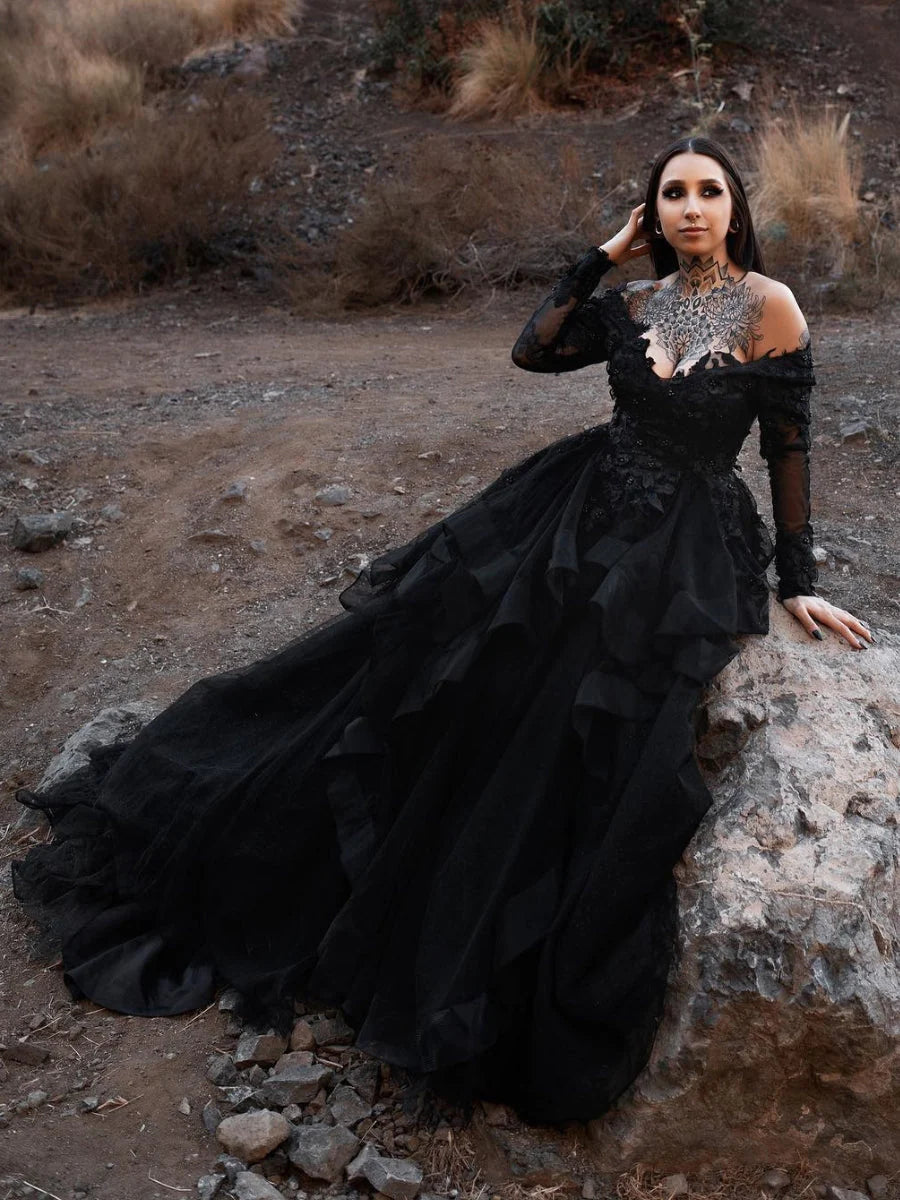Long Sleeves Black Wedding Dress Gothic Off Shoulder V-neck Tiered