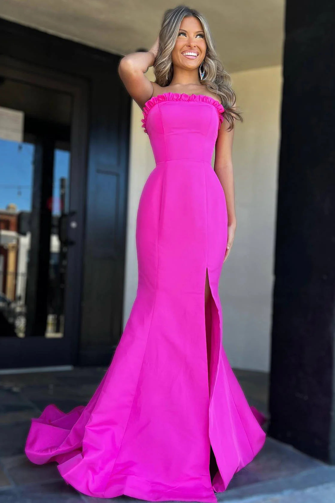 fuchsia mermaid dress fuchsia mermaid bridesmaid dresses Charming Mermaid Fuchsia Strapless Lace Top Satin Prom Dress with Leg Slit Fuchsia / US6