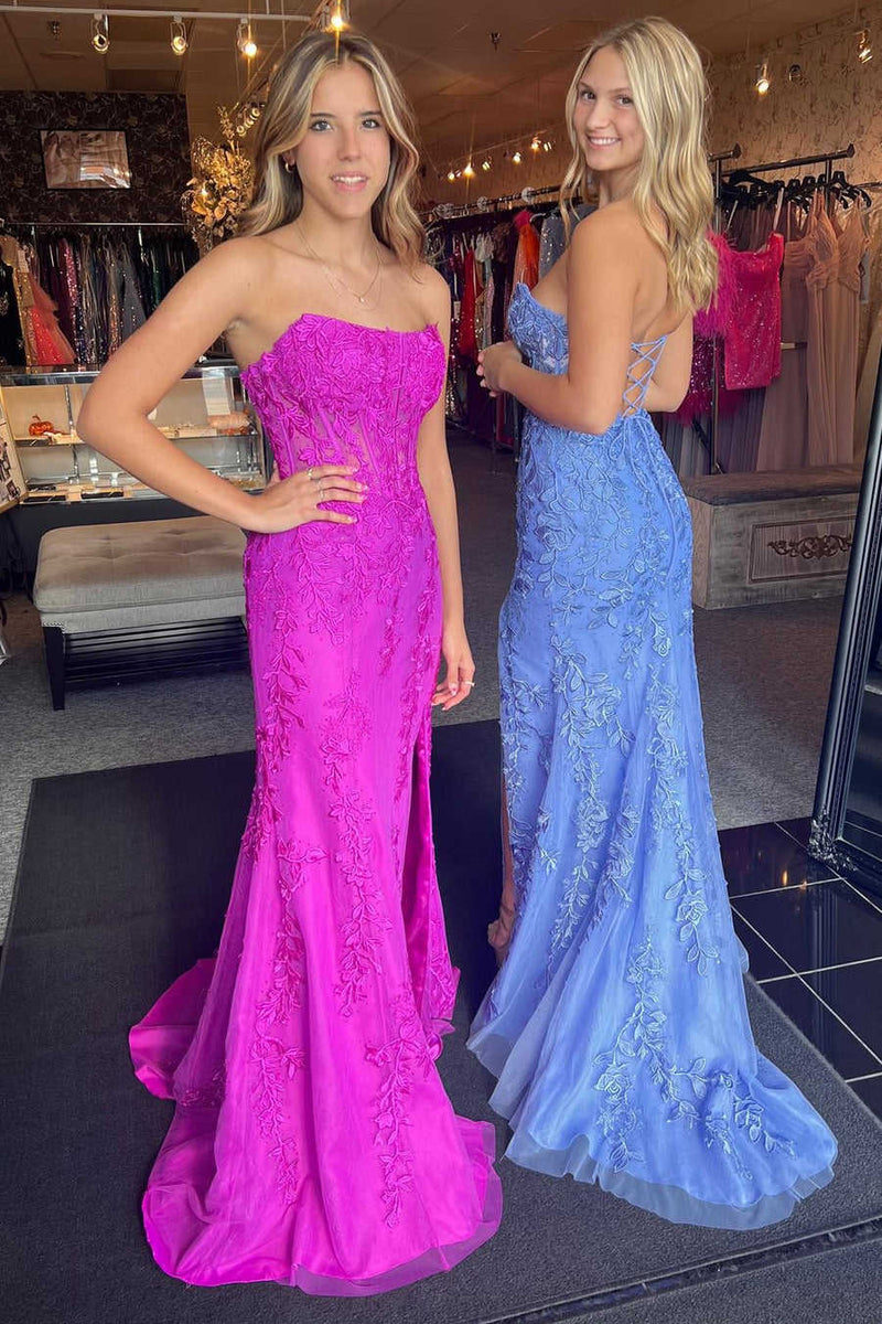 Long Corset Prom Dresses Lace Strapless Mermaid with Slit Periwinkle / US12