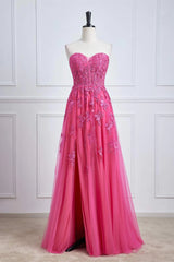 Long Fuchsia Prom Dresses Strapless A-line Floral Formal Wear Slit