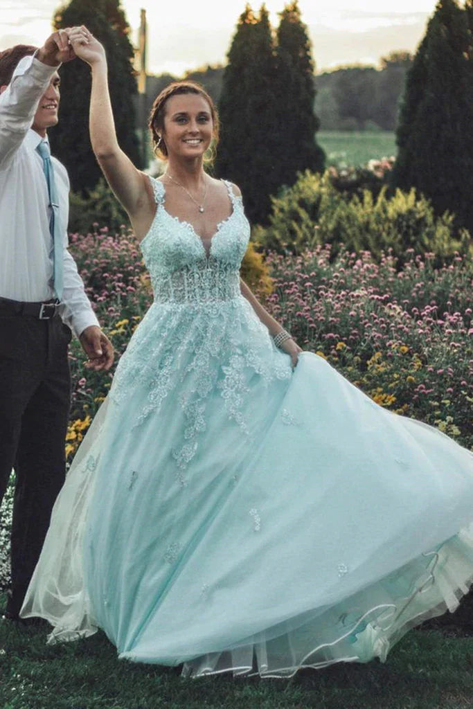 Lace Corset Prom Dresses Light Blue Off the Shoulder with Appliques