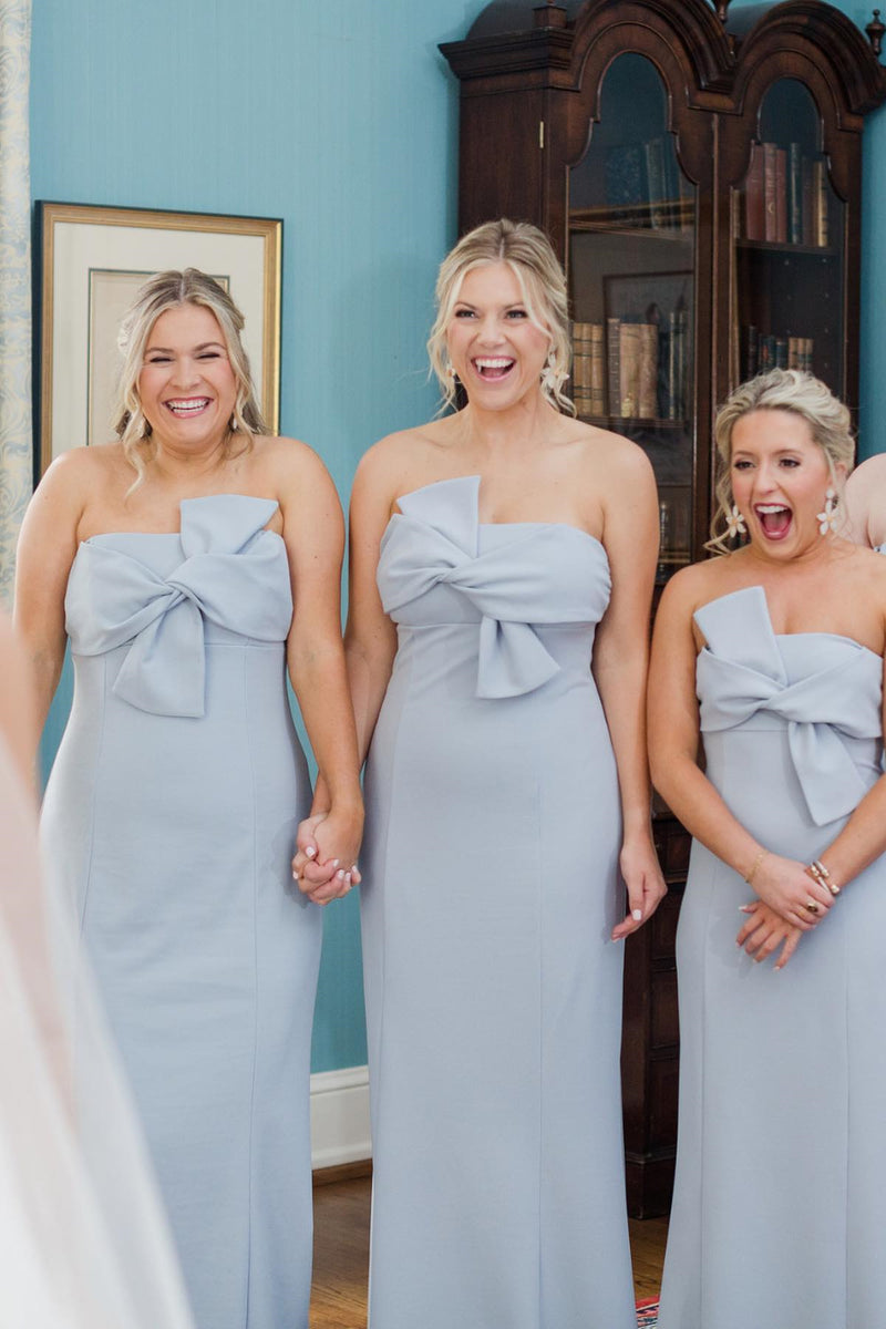blue strapless bridesmaid dresses BABARONI Acetate Satin Lilac Bridesmaid Dresses Strapless Sweep Train Sleeveless Pleated with Slit Sheath, Lilac / US18