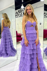 Long Purple Tulle Prom Dresses Ruffle Sweetheart Keyhole Slit - MyChicDress