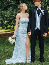 Long Mermaid Lace Light Blue Formal Prom Dresses Open Back - MyChicDress