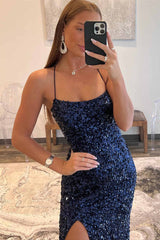 Long Mermaid Navy Blue Sequin Prom Dresses Straps Lace-Up