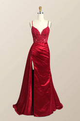Long Mermaid Red Formal Dress Lace Straps Satin - MyChicDress