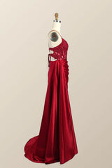Long Mermaid Red Formal Dress Lace Straps Satin