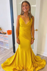 Long Mustard Yellow Prom Dresses Straps Mermaid Pleated - MyChicDress